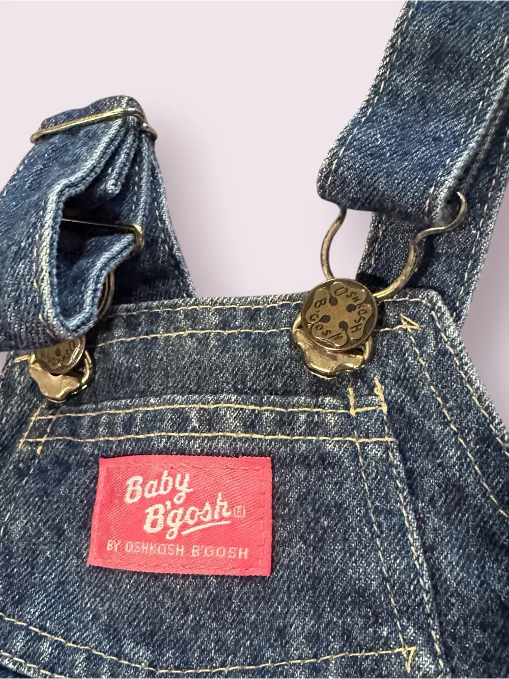 Vintage Baby OshKosh B'Gosh Denim Overalls in Dark Blue Pink Logo Sz 12 Mon